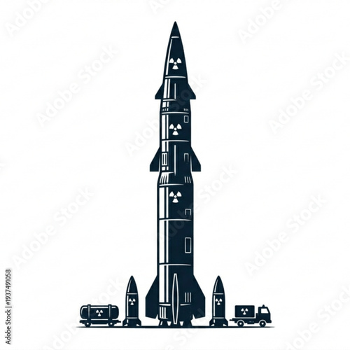 Nuclear missile silhouette with military transport truck and fuel tanker