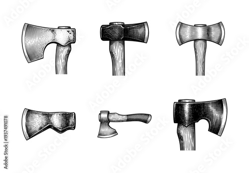 Set of vintage monochrome wood axes and hatchets in woodcut engraving style