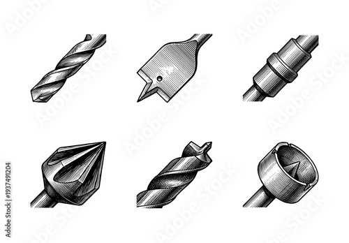 Vintage style engraving collection of various drill bit types and woodworking tools for industrial or carpentry design