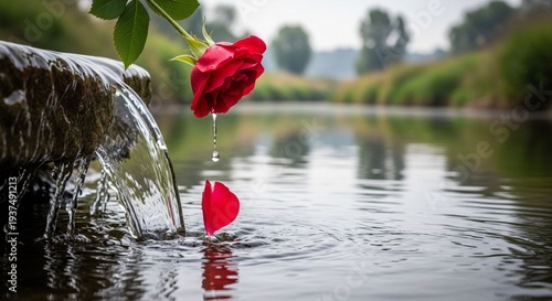 Kelopak mawar merah berjatuhan lembut ke air danau yang tenang dari air mancur batu.