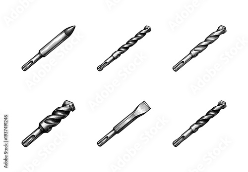 Set of six industrial drill bits and chisels for SDS rotary hammers in a vintage woodcut engraving style