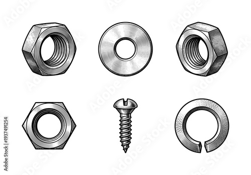 Vintage woodcut style illustration of hardware fasteners including nuts, bolts, washers, and screws