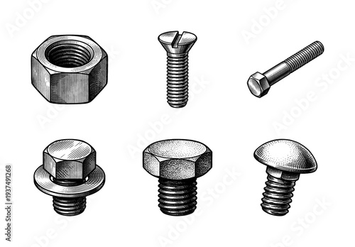 Vintage style engraving illustration of industrial hardware including hex nuts, machine screws, and bolts for construction and engineering projects.