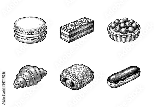 Set of hand drawn french pastries and bakery desserts in vintage engraved style featuring croissant macaron and berry tart