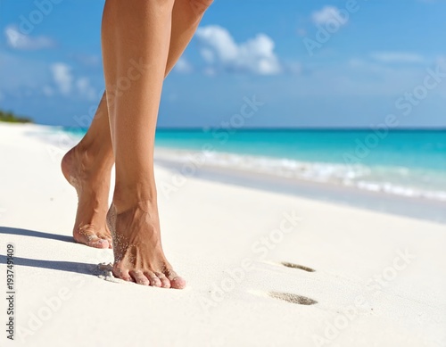 Womans bare feet walking on a pristine white sand beach with turquoise ocean in the background.