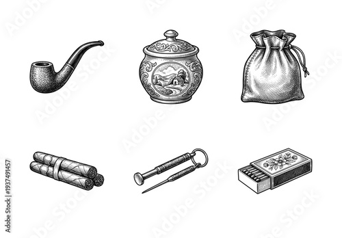 Vintage smoking accessories collection featuring hand drawn engraving style pipe cigars tobacco jar matches and tamper tools on white
