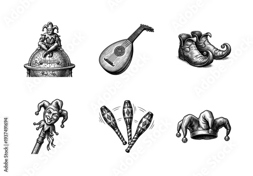 Vintage engraving style collection of medieval jester elements including lute juggling clubs and fool's scepter