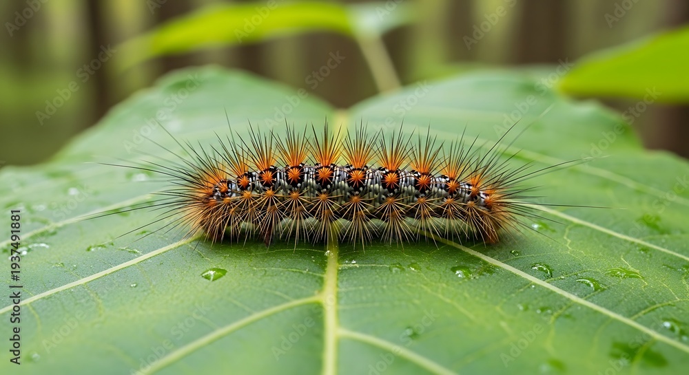 Fototapeta premium Caterpillar on Green Leaf Closeup.