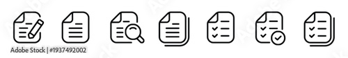 Set of document icons with edit pencil, search magnifying glass, checklist and approved check mark