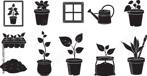 Black Silhouette Plants and Gardening Tools Vector Illustration Set