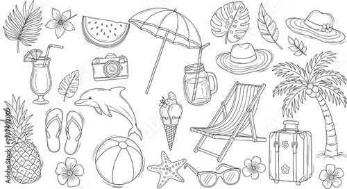 Summer beach vacation icons set, tropical travel symbols, pineapple, dolphin, suitcase, umbrella, sunglasses, ice cream, cad drawing flat vector illustration.