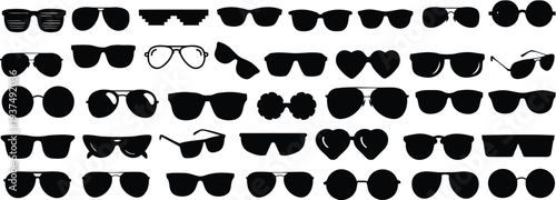 Set of black sunglasses silhouettes in various modern and classic styles for fashion design and summer vacation themes