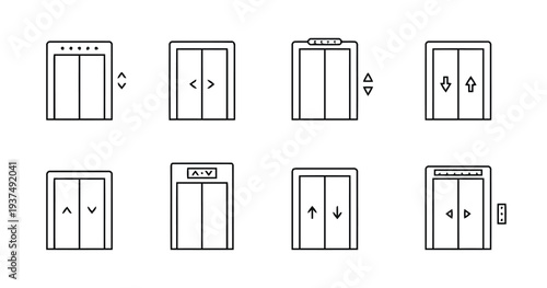 Set of elevator door icons with various directional and floor indicators