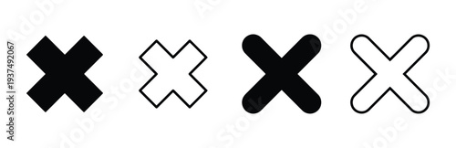 Set of four cross symbols with solid fill and outline styles