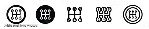 Set of five gear shift knob icons showing different manual transmission patterns