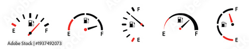 Set of five car fuel gauge icons with different levels of fuel shown from empty to full