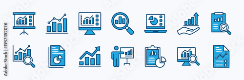 Set of blue business and finance icons for analysis reports and growth tracking