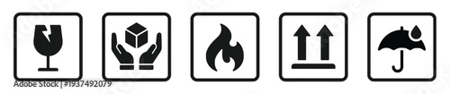 Set of five packaging hazard symbols for shipping and handling