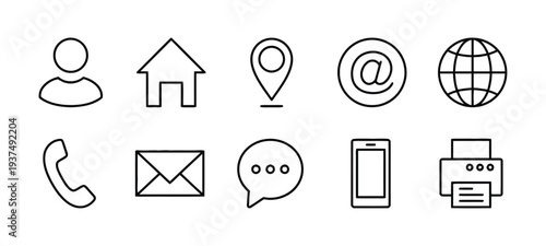 Set of contact information icons including person, house, location, email, and globe