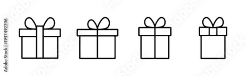 Set of four simple line art gift boxes with bows for holiday celebrations