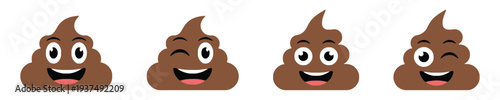 Set of happy smiling poop emojis with wink and joyful expressions