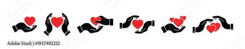 Set of hands holding red hearts for love and care concepts