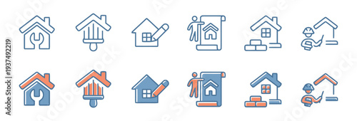 Set of construction and home repair icons in outline and filled styles