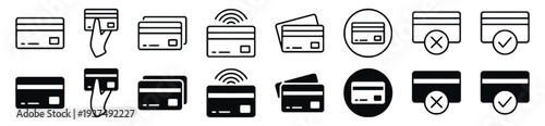 Set of credit card icons showing contactless payment, approval and decline symbols