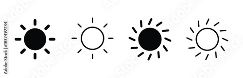 Set of four sun icons, filled and outlined, with and without rays
