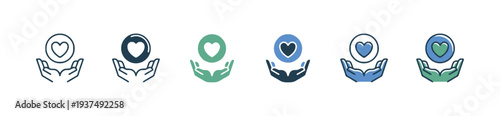 Set of heart in hands icons with different color variations for charity and care concepts