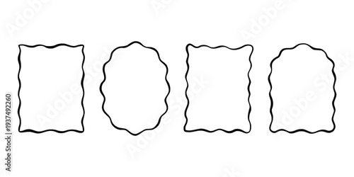 Set of four wavy square and circle frames hand-drawn with a thick black outline on white background
