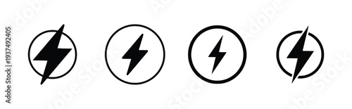 Set of lightning bolt icons in circles and isolated, black and white