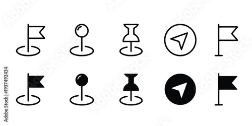 Set of location and navigation map pins and flags vector icons