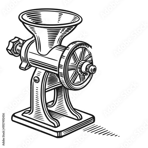 Classic manual meat grinder illustration in vintage woodcut style for traditional culinary tools