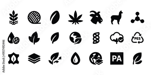 Set of icons representing natural, organic, and sustainable materials