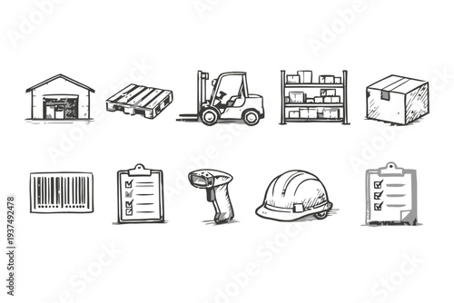 Set of logistics and warehouse icons hand-drawn sketch style for delivery service and supply chain management