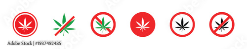Set of marijuana leaf icons, cannabis symbols in red prohibition circles and crossed out.