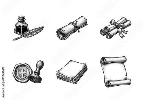 Vintage stationary collection featuring medieval scrolls inkwell with quill and wax seal stamp in woodcut engraving style