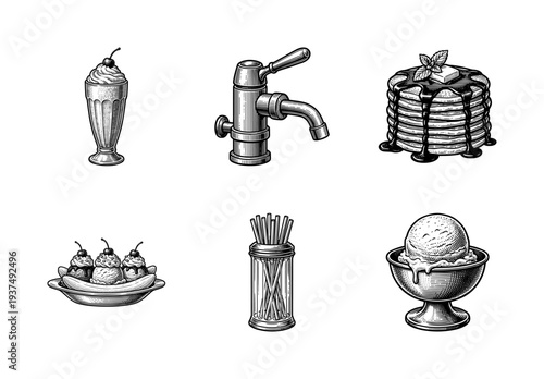 Vintage engraving style collection of diner and soda shop icons featuring ice cream sundae, pancakes, banana split, and water tap