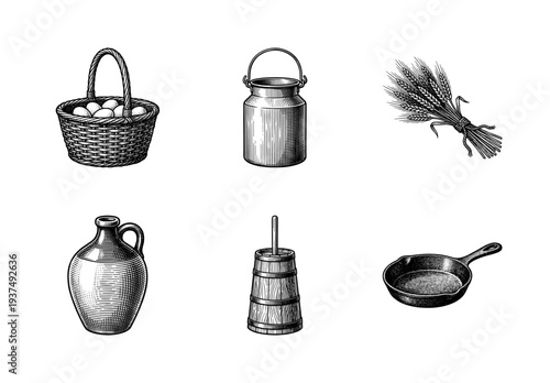Vintage engraving collection of rustic farmhouse kitchenware and harvest elements including a butter churn, milk can, wheat bundle, and cast iron skillet.