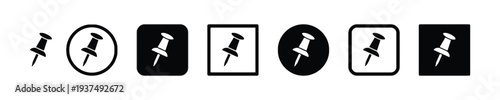 Set of push pin icons in black and white with different containers