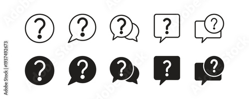 Set of question mark icons in circles speech bubbles and square boxes outline and filled