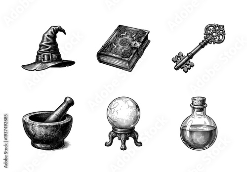 Vintage engraving style collection of mystical wizard items and alchemical tools including magic hat, grimoire, ornate key, mortar and pestle, crystal ball, and potion bottle.