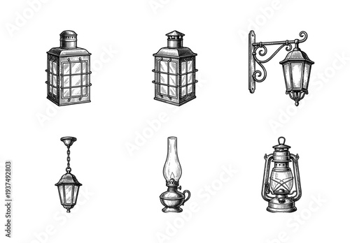 Vintage lantern and antique lamp collection featuring hand drawn engraving style illustrations of Victorian street lights, kerosene lamps, and nautical lanterns.