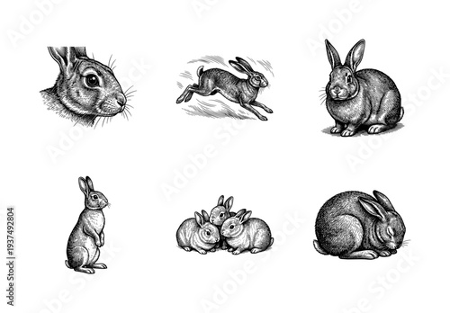 Vintage style engraving collection of wild rabbits and hares in various poses including running jumping and resting