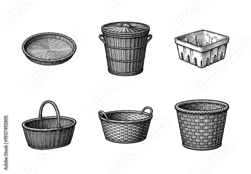 A collection of vintage style hand drawn wicker baskets and containers in black and white line art etching style.