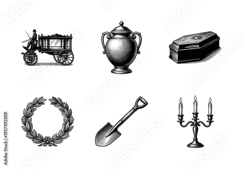 Vintage funeral service and mourning collection featuring engraved illustrations of a hearse carriage, urn, coffin, wreath, shovel, and candelabra