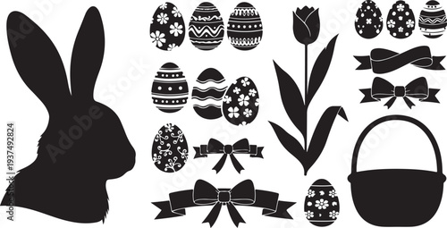 Easter bunny silhouette with eggs and basket decorations