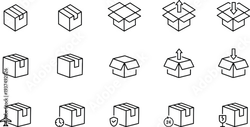 Set of shipping box icons representing packaging, shipping, and logistics in e-commerce