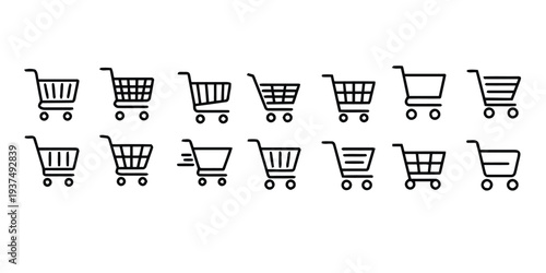 Set of shopping cart icons in black, representing different styles and movement on white